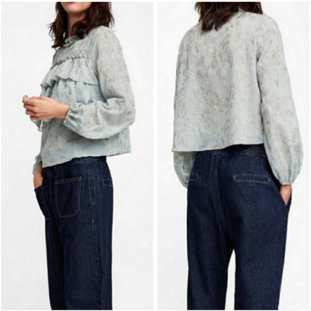 Zara Basic Light Sage Green Floral Ruffle Embroidered Semi Sheer Blouse Small